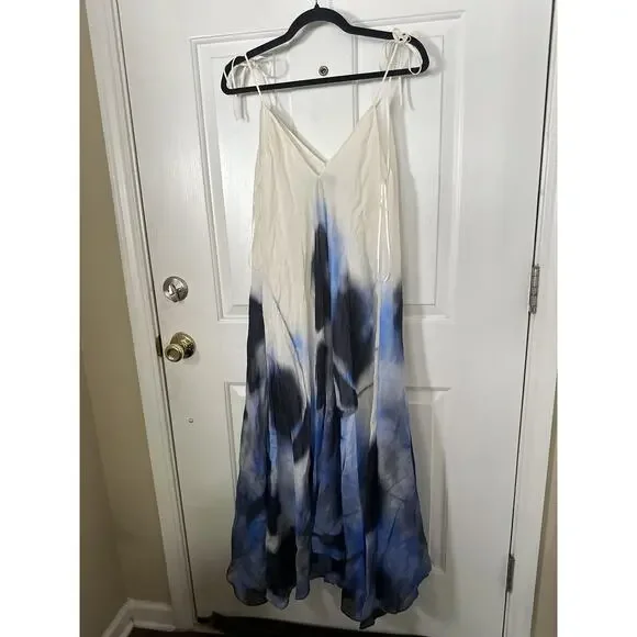Zara Dress Womens Medium Blue White Tie Dye Maxi Ramie Summer Boho Flowy Beach - Picture 3 of 9